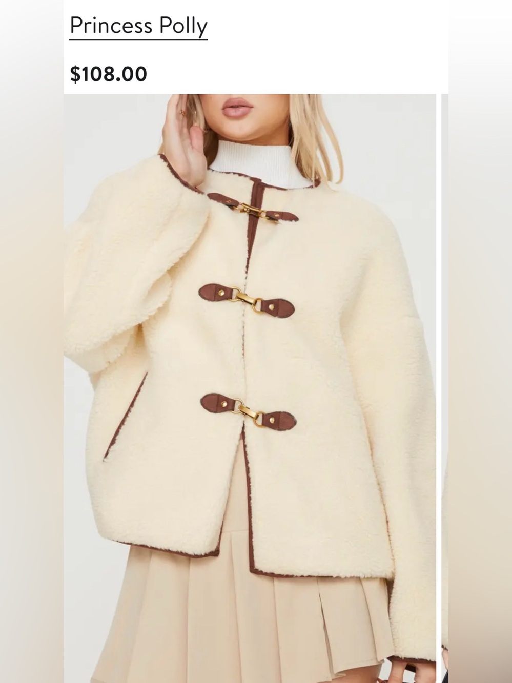 Princess Polly Teddy Faux Shearling Toggle Coat Cream Brown Trim US 8